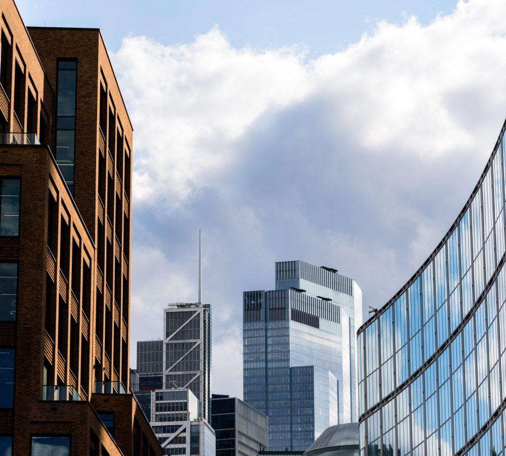 London, UK - August 25, 2023: View of modern office buildings in the City of London near Liverpool Street. Bishopsgate Court